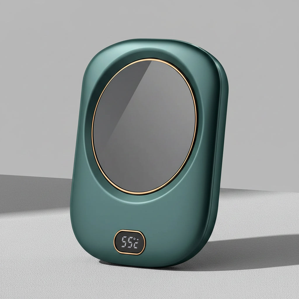 Green electronic device with a digital display on a white background