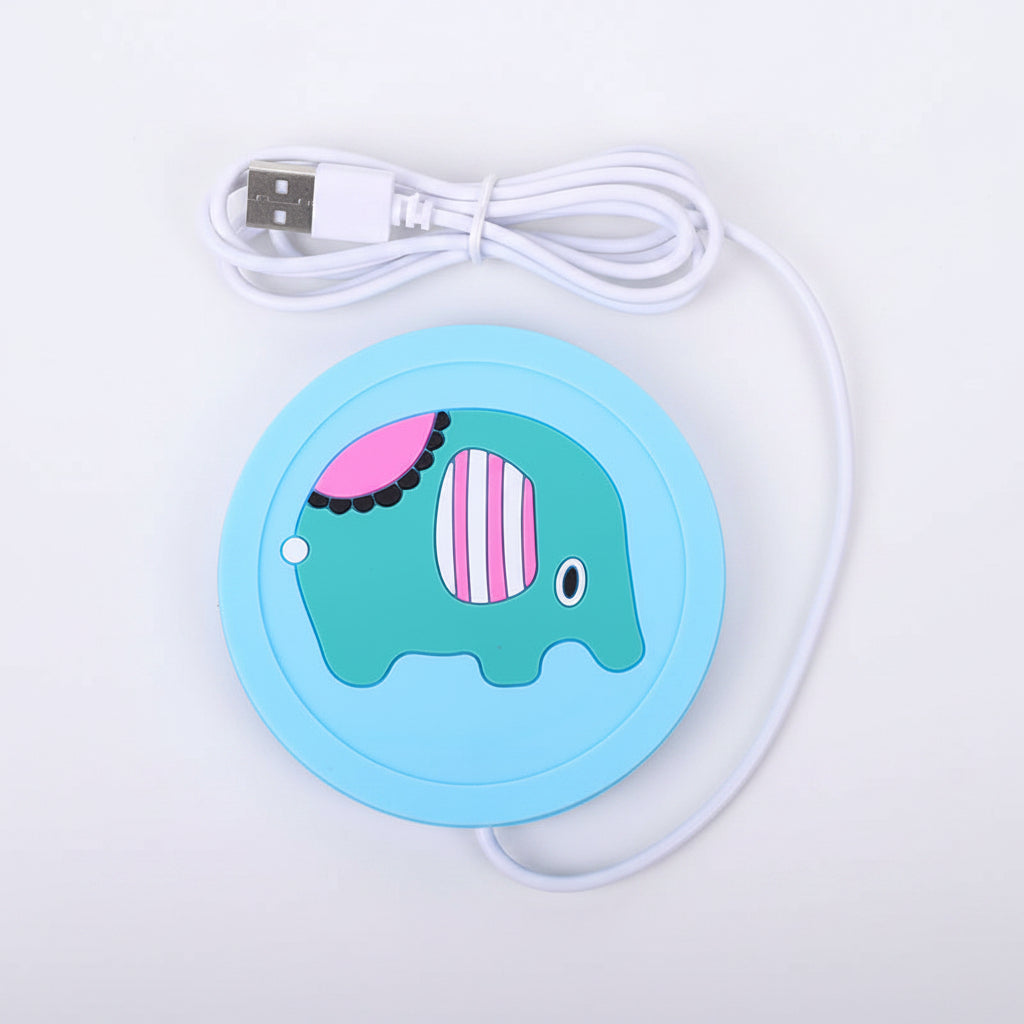 Circular blue device with cartoon elephant design and USB cable on a white background
