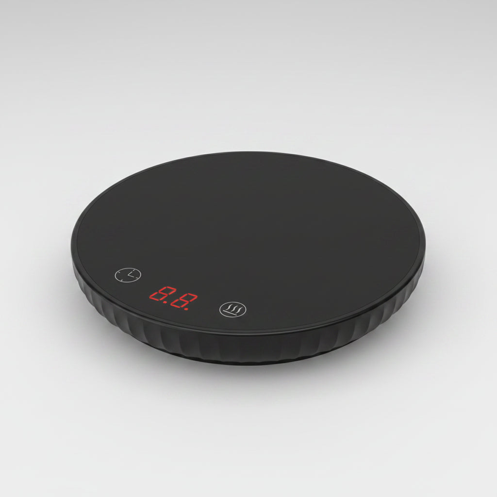A round black digital scale with a textured lower edge, featuring a small red LED display showing '88.8' and simple white control icons on a light gray background.