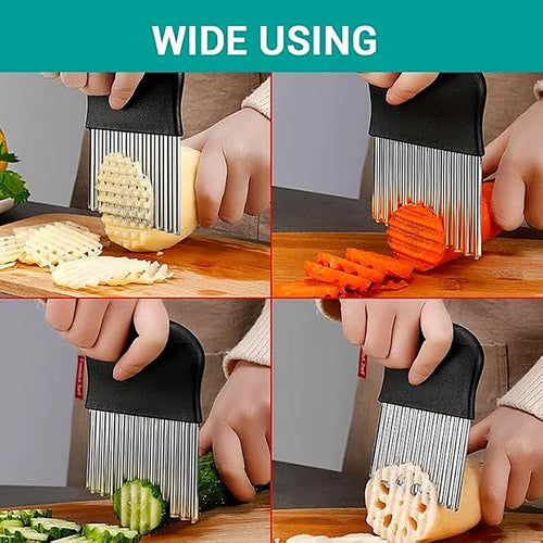 Crinkle cutter used on potato, carrot, cucumber and lotus root in a four-panel collage