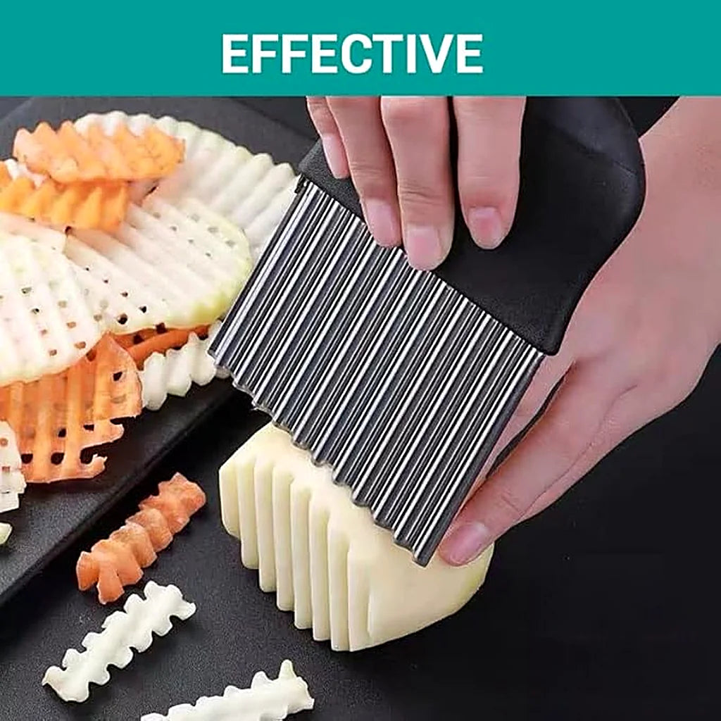 Ovenora crinkle cutter cutting wavy potato slices next to finished waffle fries