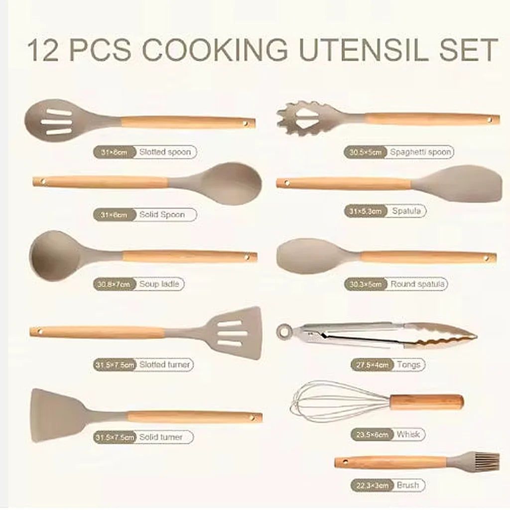 Labeled layout of the 12-piece silicone utensil set showing each piece name and size, from slotted spoon to brush