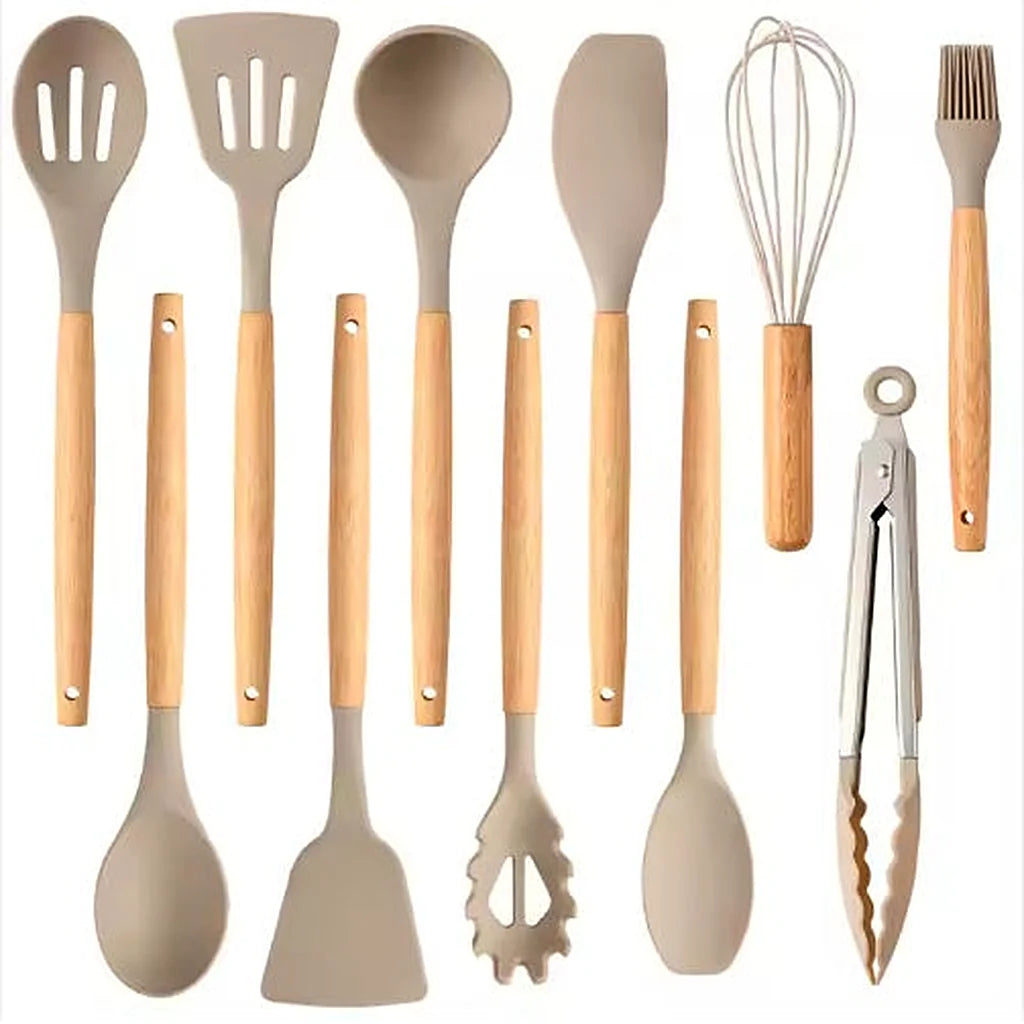 Complete silicone utensil set standing upright on a white background, khaki heads with light wooden handles