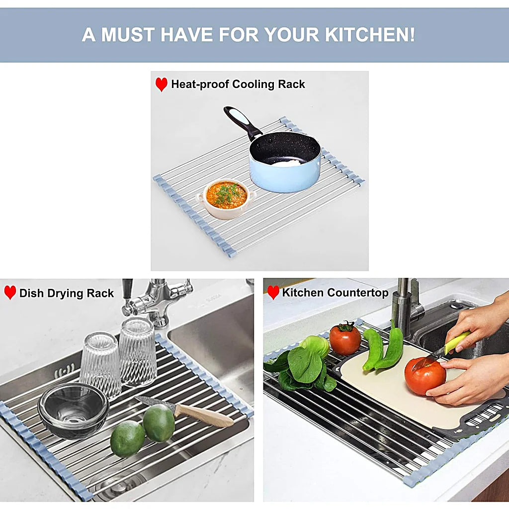 Collage of the roll-up rack used three ways: cooling rack, dish drying rack over a sink, and countertop prep surface