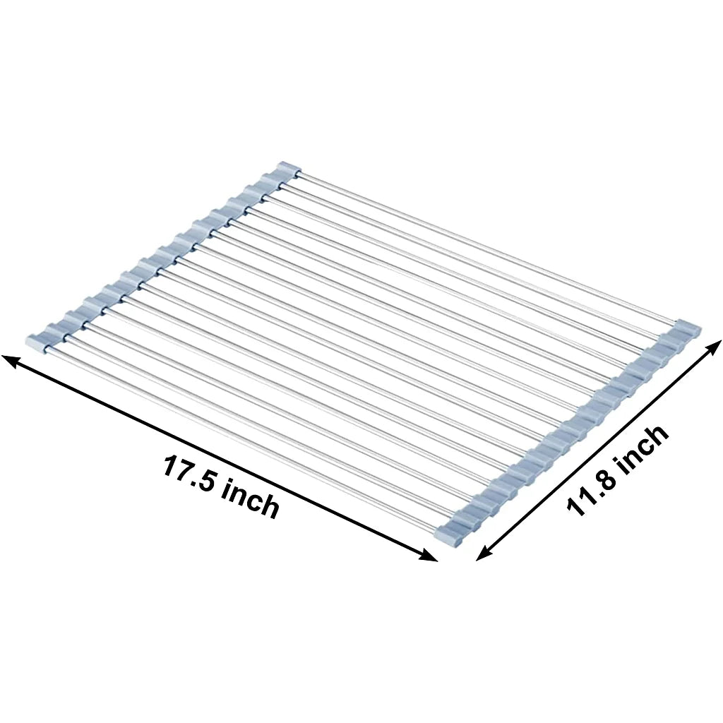 Roll-up dish rack laid flat on white with dimension markings of 17.5 by 11.8 inches
