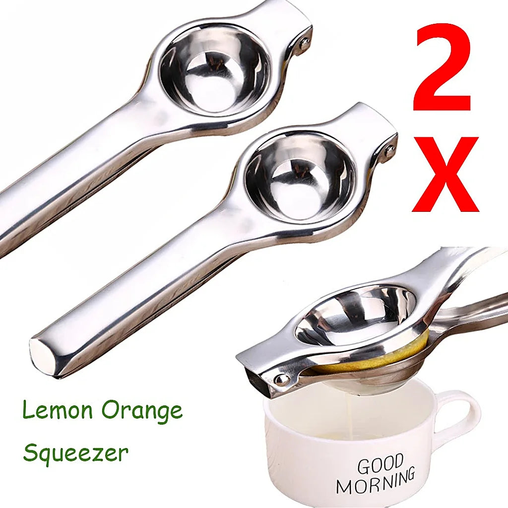 Two stainless steel lemon squeezers on a white background, one pressing a lemon half over a white mug