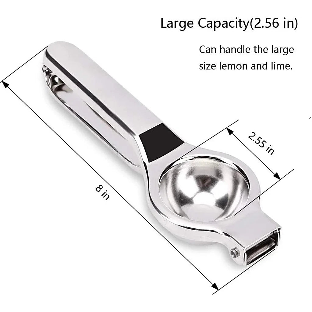 Stainless steel lemon squeezer with dimension markings showing 8 in length and a 2.55 in bowl, on a white background