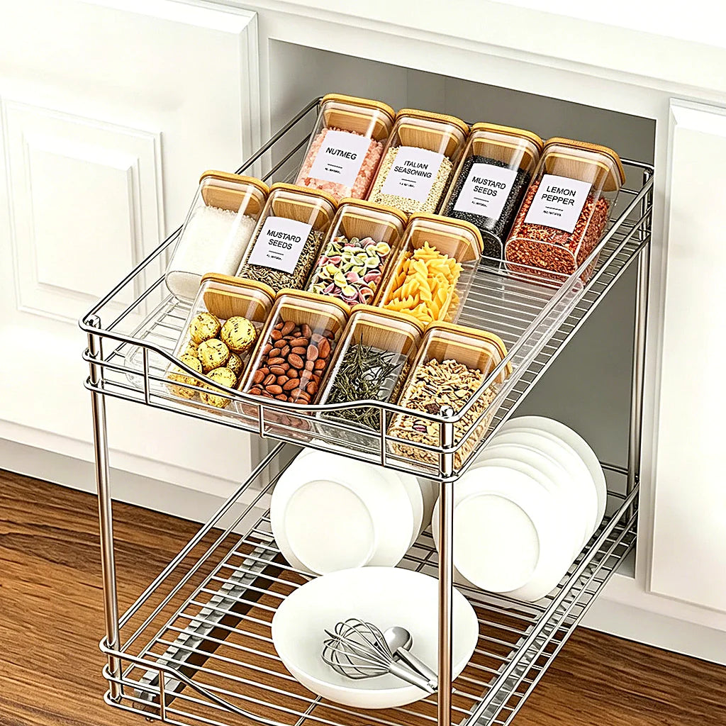 Pull-out cabinet organizer with labeled spice jars on the tiered rack above and white plates stored below