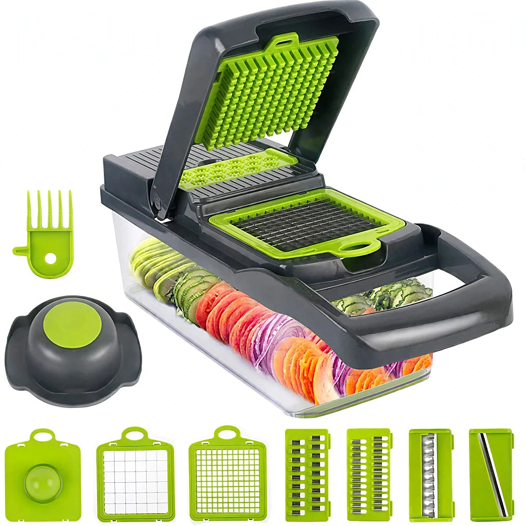 Grey and green vegetable chopper with open press lid, container of sliced vegetables, and blade inserts laid out below