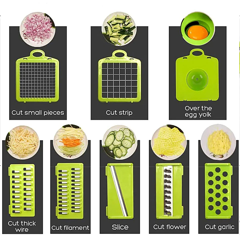 Eight green blade inserts, each shown with the food it prepares, including diced onion, cucumber strips and minced garlic