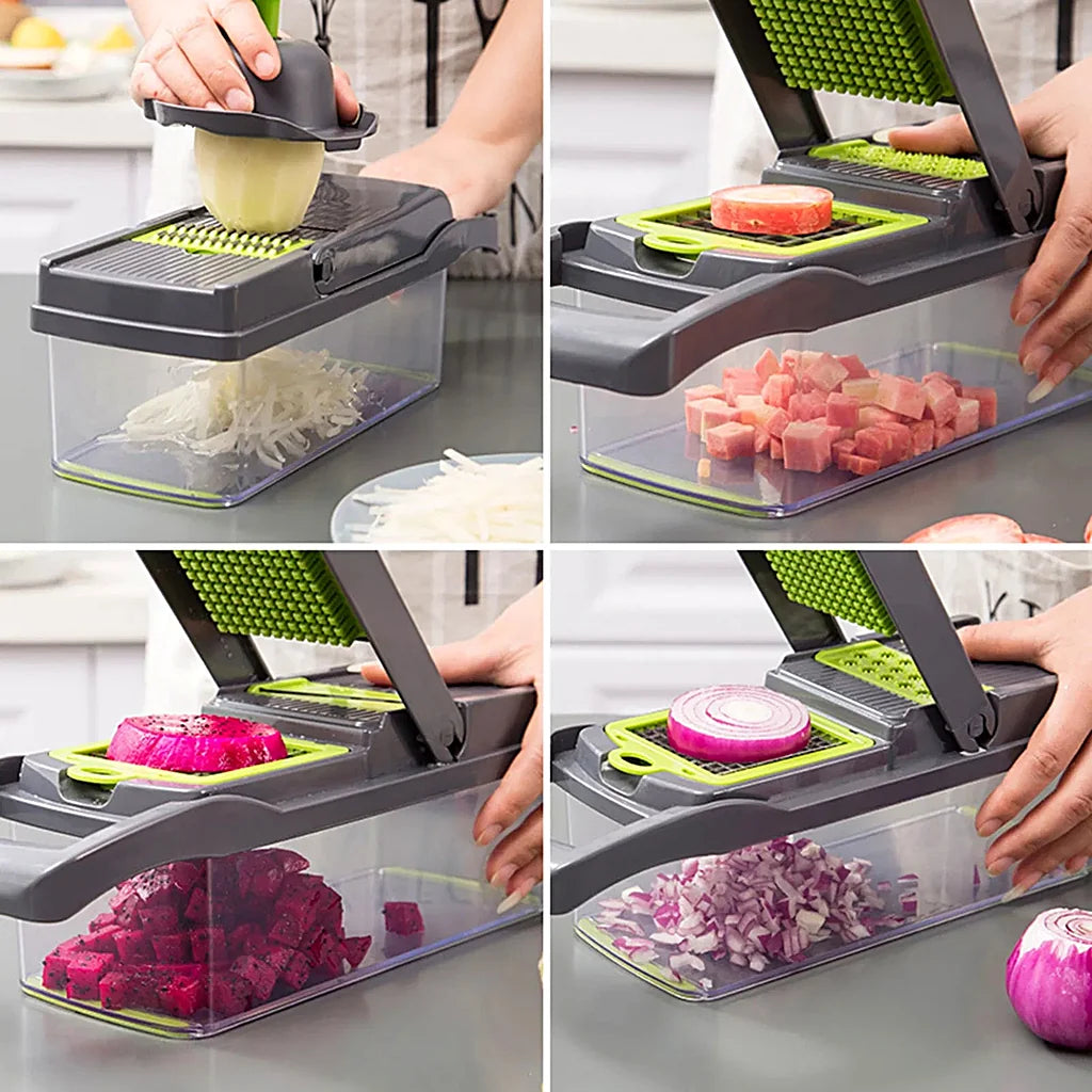 Four panels of hands using the chopper to shred potato, dice tomato and dragon fruit, and chop red onion into the container
