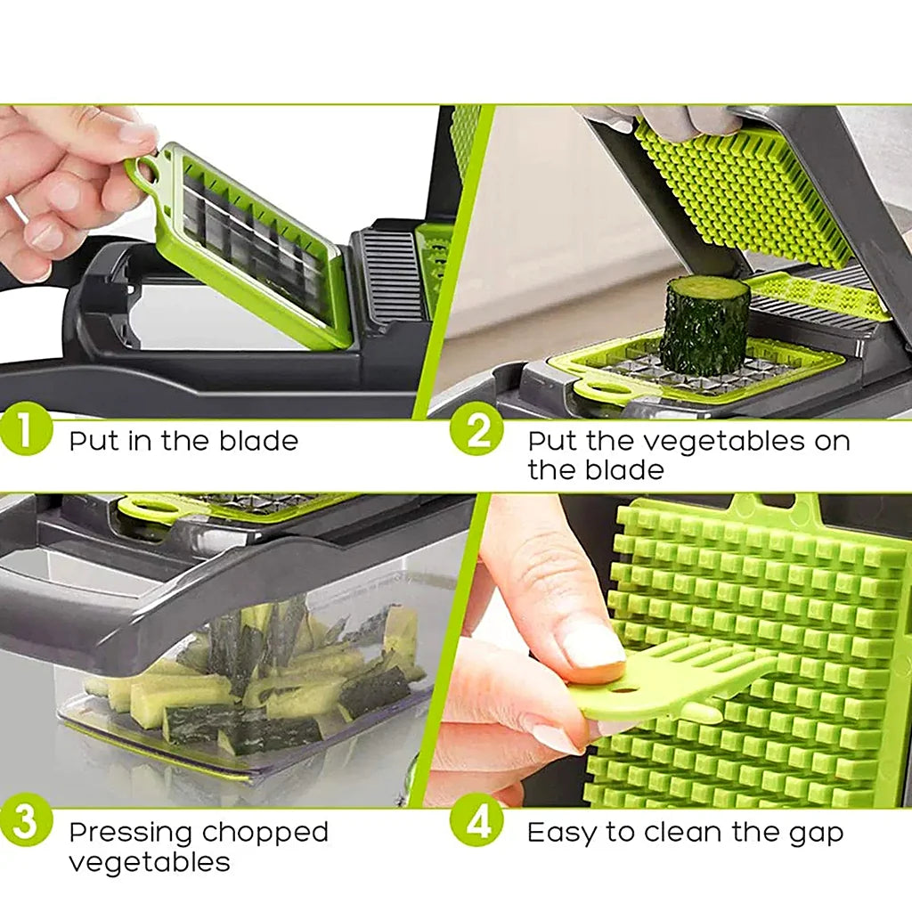 Four step panels showing a blade being inserted, cucumber placed on the grid, pressing to chop, and cleaning the press plate