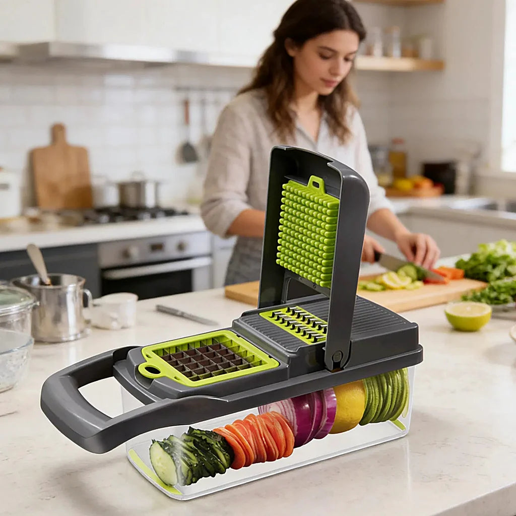 Vegetable chopper on a kitchen counter filled with sliced cucumber, tomato and onion, woman preparing vegetables behind it