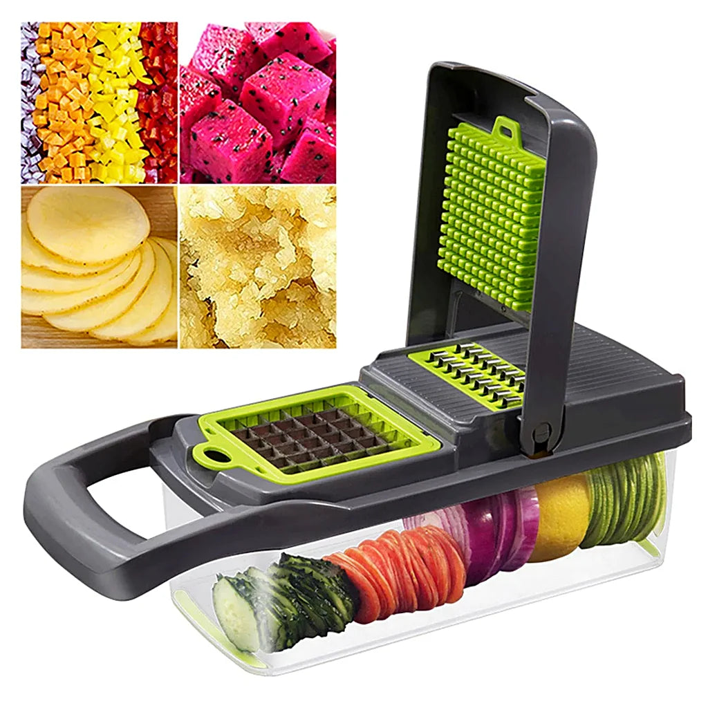 Vegetable chopper with sliced vegetables in the container and inset panels of diced peppers, dragon fruit and potato slices