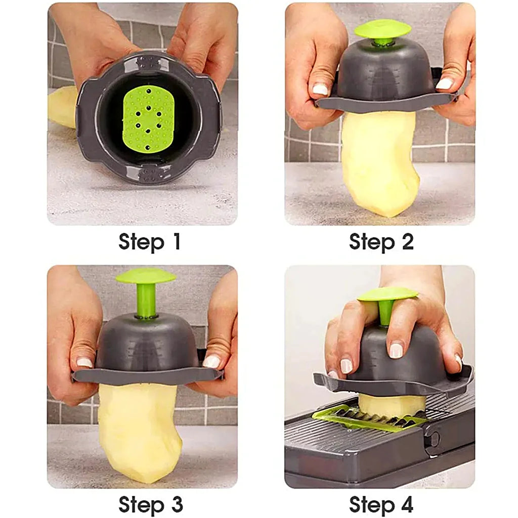 Four step panels showing the hand guard from below, fitted onto a peeled potato, and used to slice it on the chopper