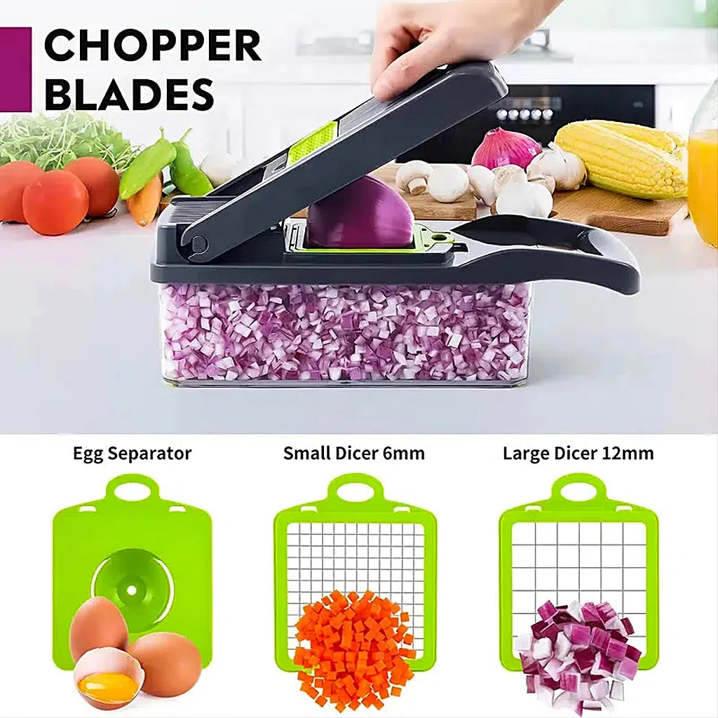 Hand pressing the chopper lid onto a red onion over a container of diced onion, with egg separator and dicer inserts below