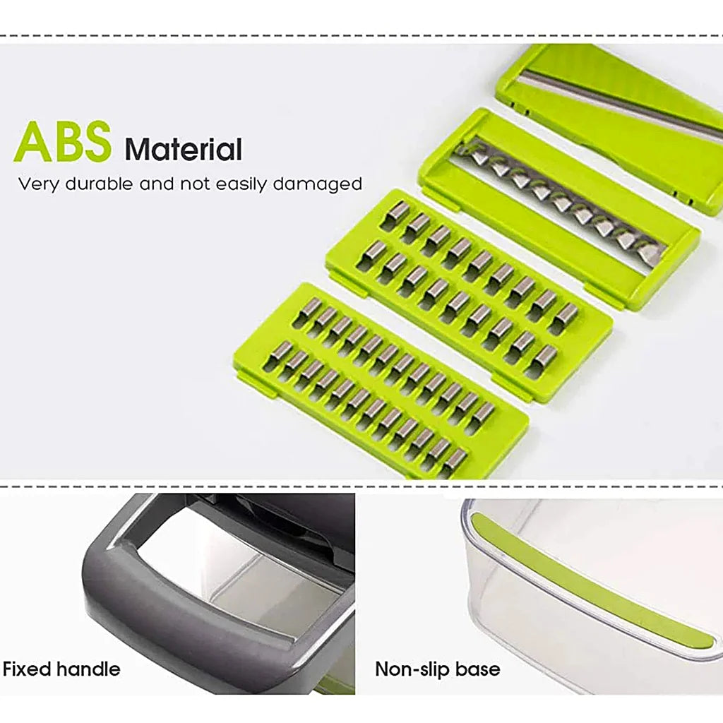 Close-up of green grater and slicer blade inserts, with detail views of the grey handle and the clear container's base
