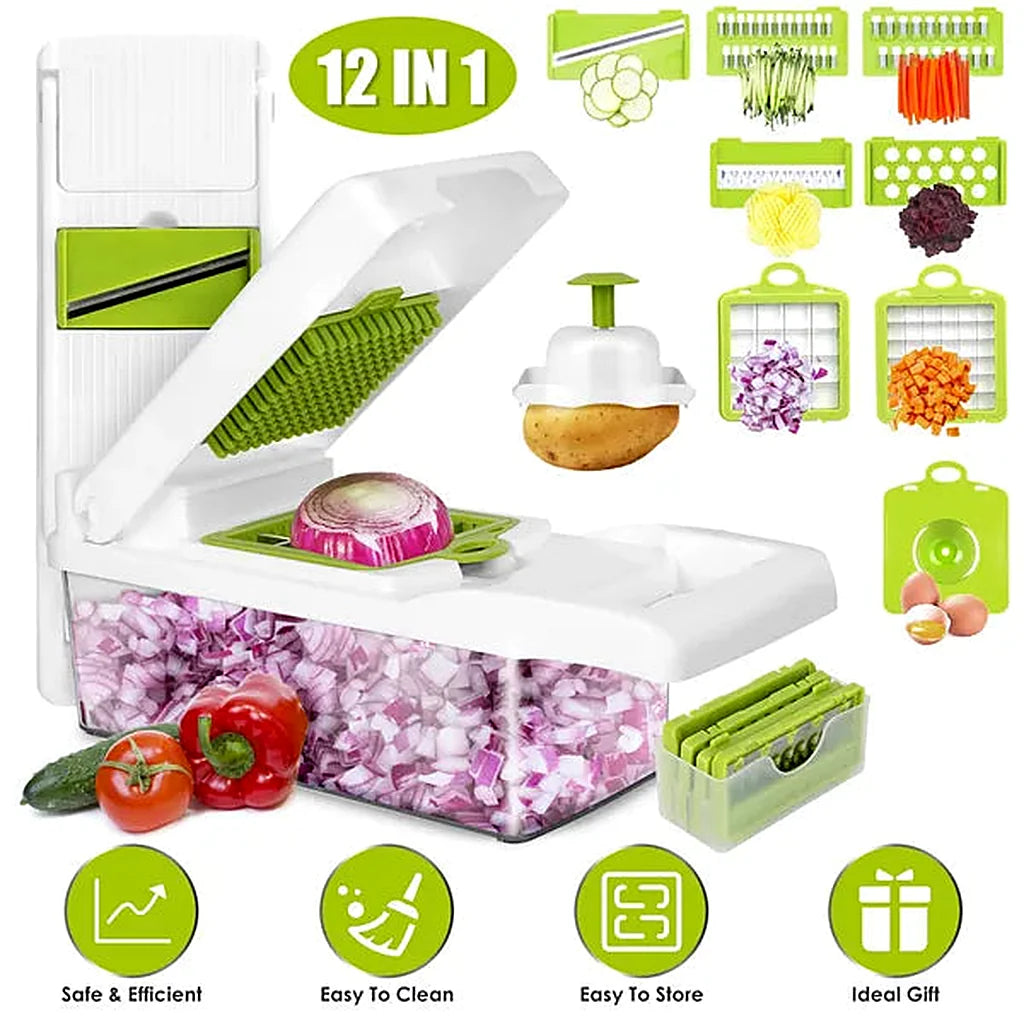 White vegetable chopper dicing a red onion into its clear container, with green blade inserts, hand guard and egg separator