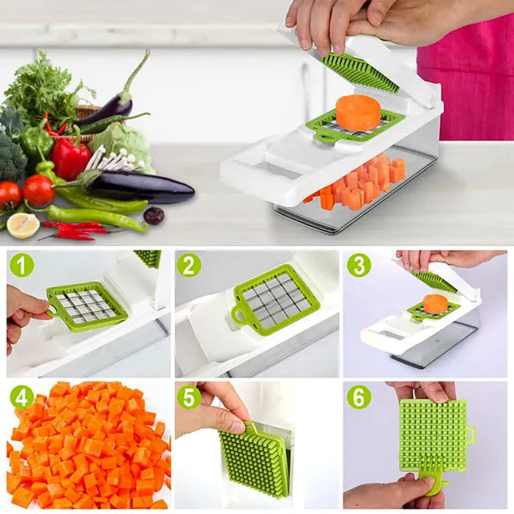 Hands pressing the chopper to dice a carrot, with step panels showing blade fitting, the diced result and cleaning