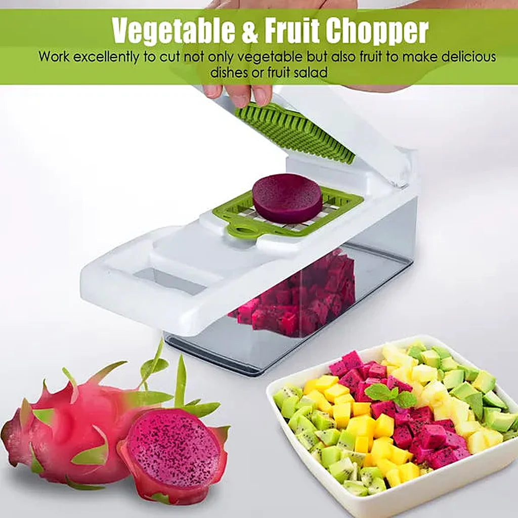 White vegetable chopper dicing dragon fruit into its container, beside a halved dragon fruit and a bowl of mixed fruit salad