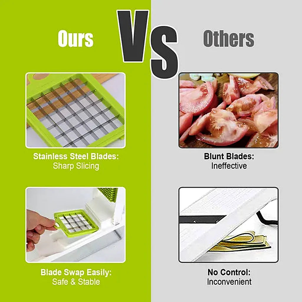 Comparison graphic contrasting the chopper's steel grid blade and swap-in insert with crushed tomatoes and a basic slicer