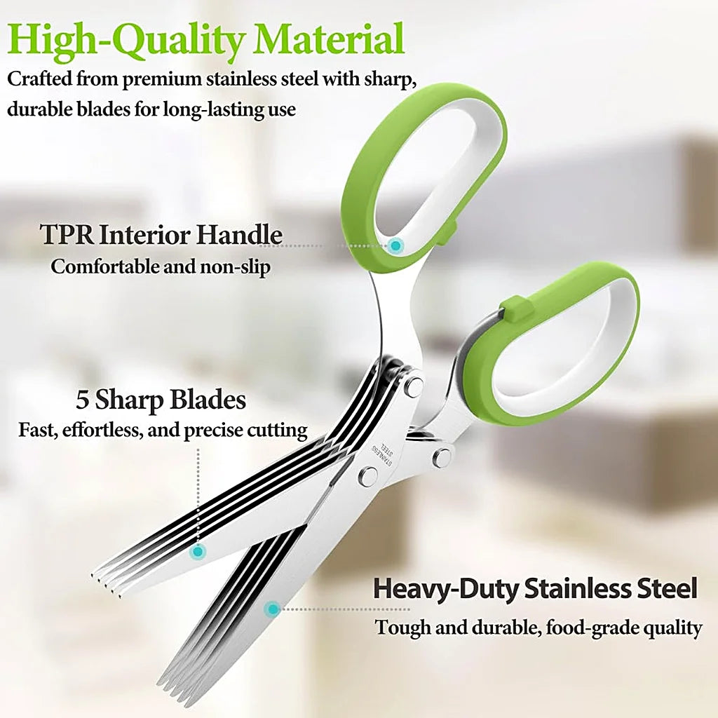 Close-up of the herb scissors' five stainless steel blades and green handles against a blurred kitchen background