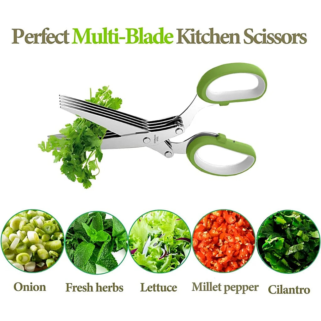 Herb scissors cutting a bunch of cilantro, with circular insets below showing chopped onion, mint, lettuce, chili and herbs
