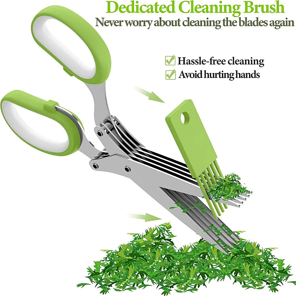 Green cleaning comb clearing chopped herbs from between the herb scissors' blades, above a pile of cut herbs