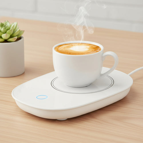 White mug with coffee on a white hot plate with blue indicator light