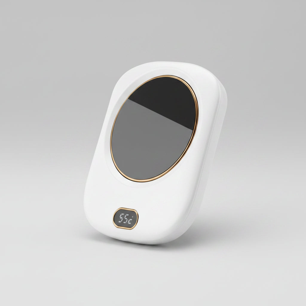 White electronic device with a digital display on a white background