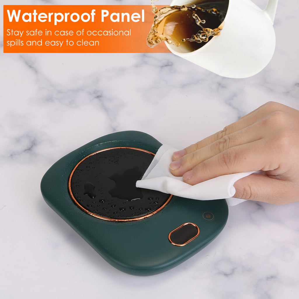 Hand cleaning a green and copper coaster with a marble background, text about waterproof panel.
