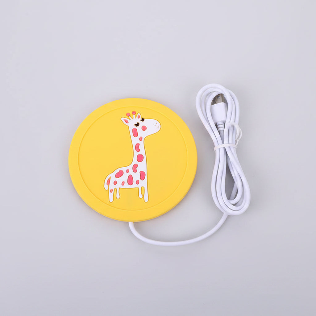 Yellow circular mat with a giraffe design and white cable on a white background
