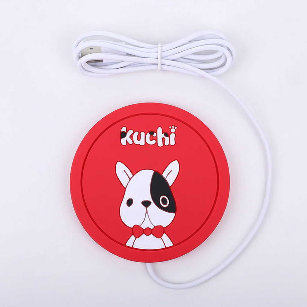 Red circular device with a cartoon dog and 'Kuchi' branding, connected to a white cable on a white background.