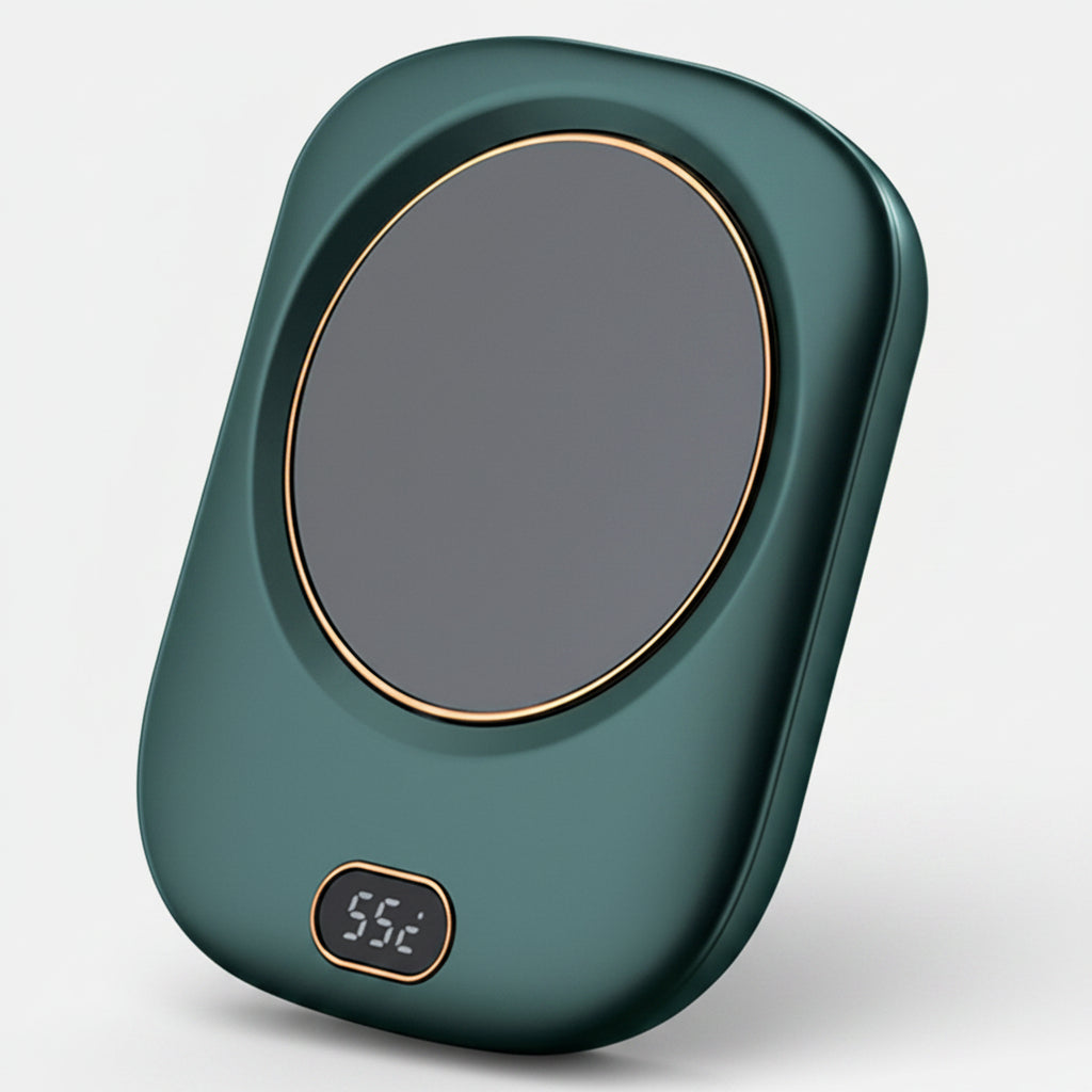 Green electronic device with a digital display on a white background