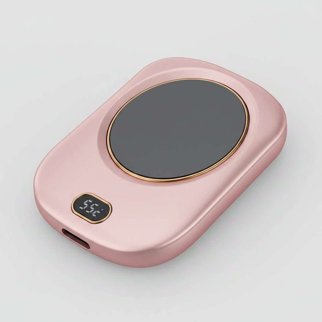 Pink handheld device with digital display on a white background