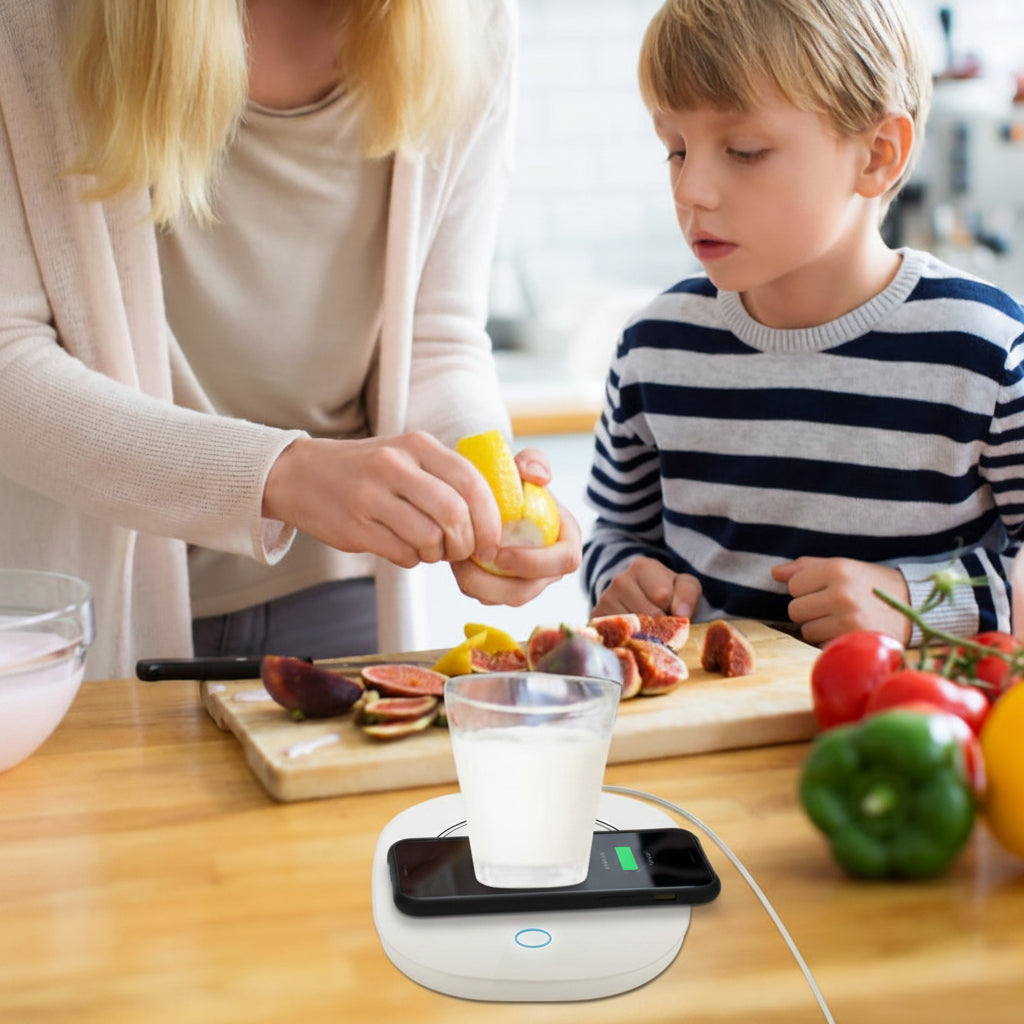 Woman and child preparing food in a kitchen with a wireless charging pad on the counter.