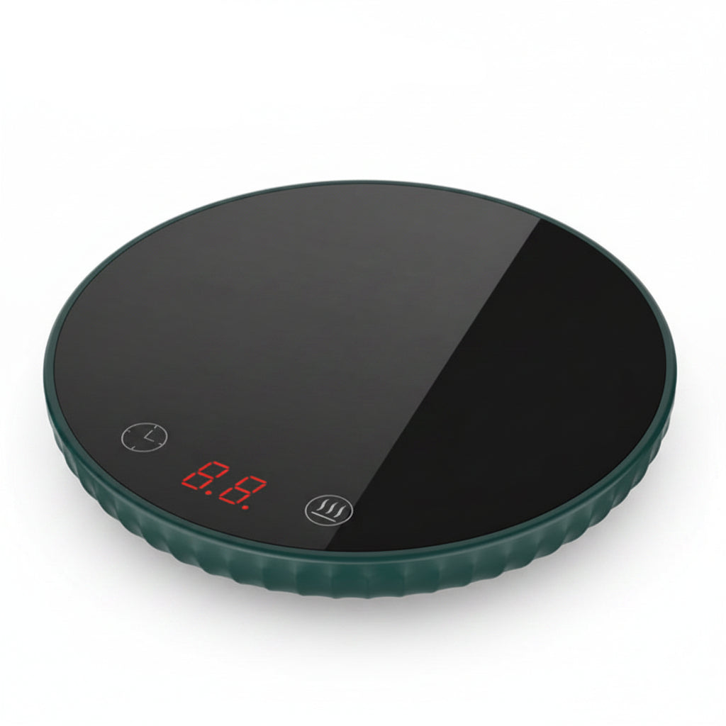Black round electric hot plate with digital display on a white background, labeled 110V US.