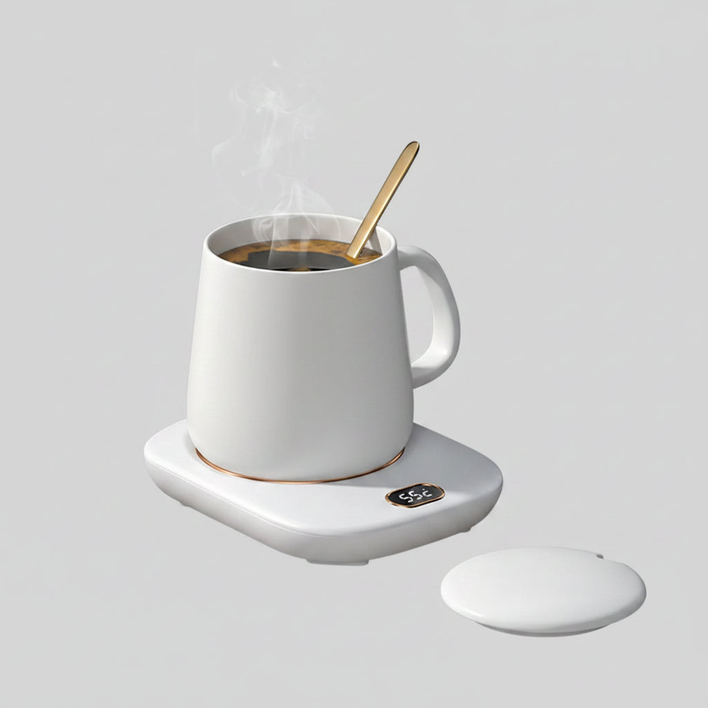 White mug with steam on a white mug warmer next to a laptop on a wooden desk