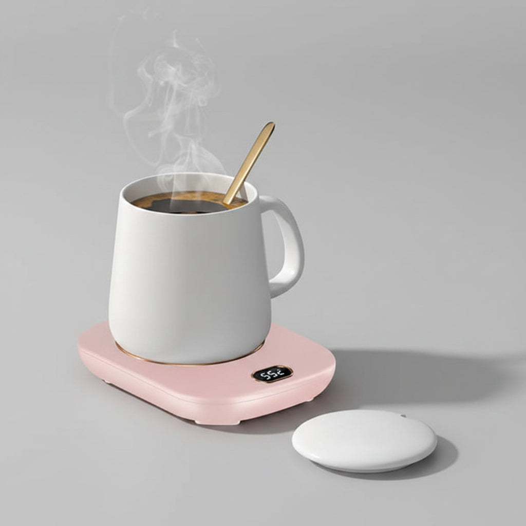 White mug with steaming coffee on a pink mug warmer in front of a laptop.