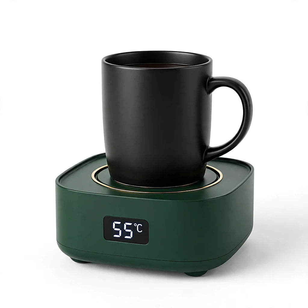Black mug on a dark green mug warmer with a 55°C digital display on a white background