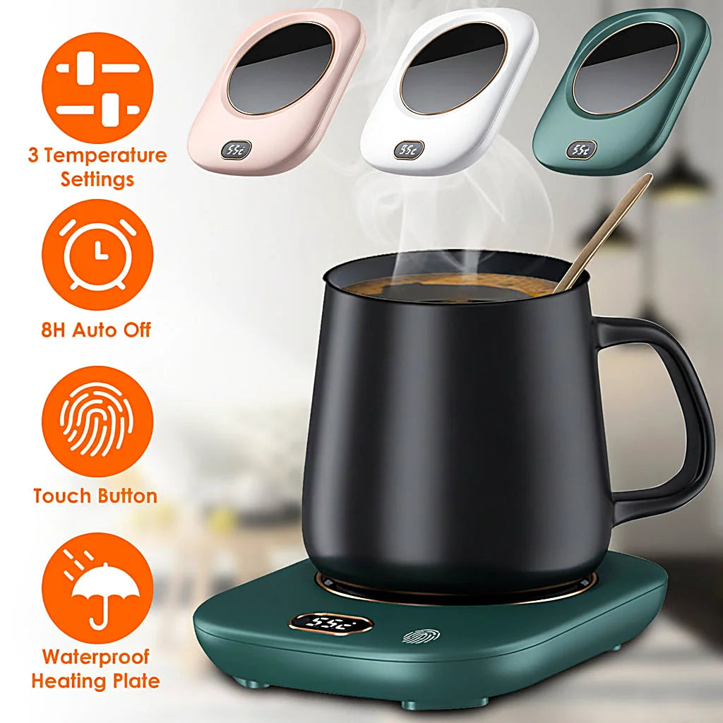 Steaming black mug on a green mug warmer, with pink, white, and green warmer variants shown above