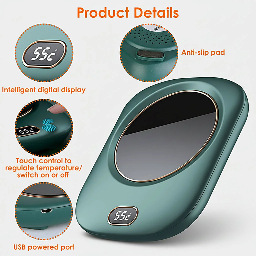 Green mug warmer with close-up details of its digital display, touch control, USB port, and anti-slip pad