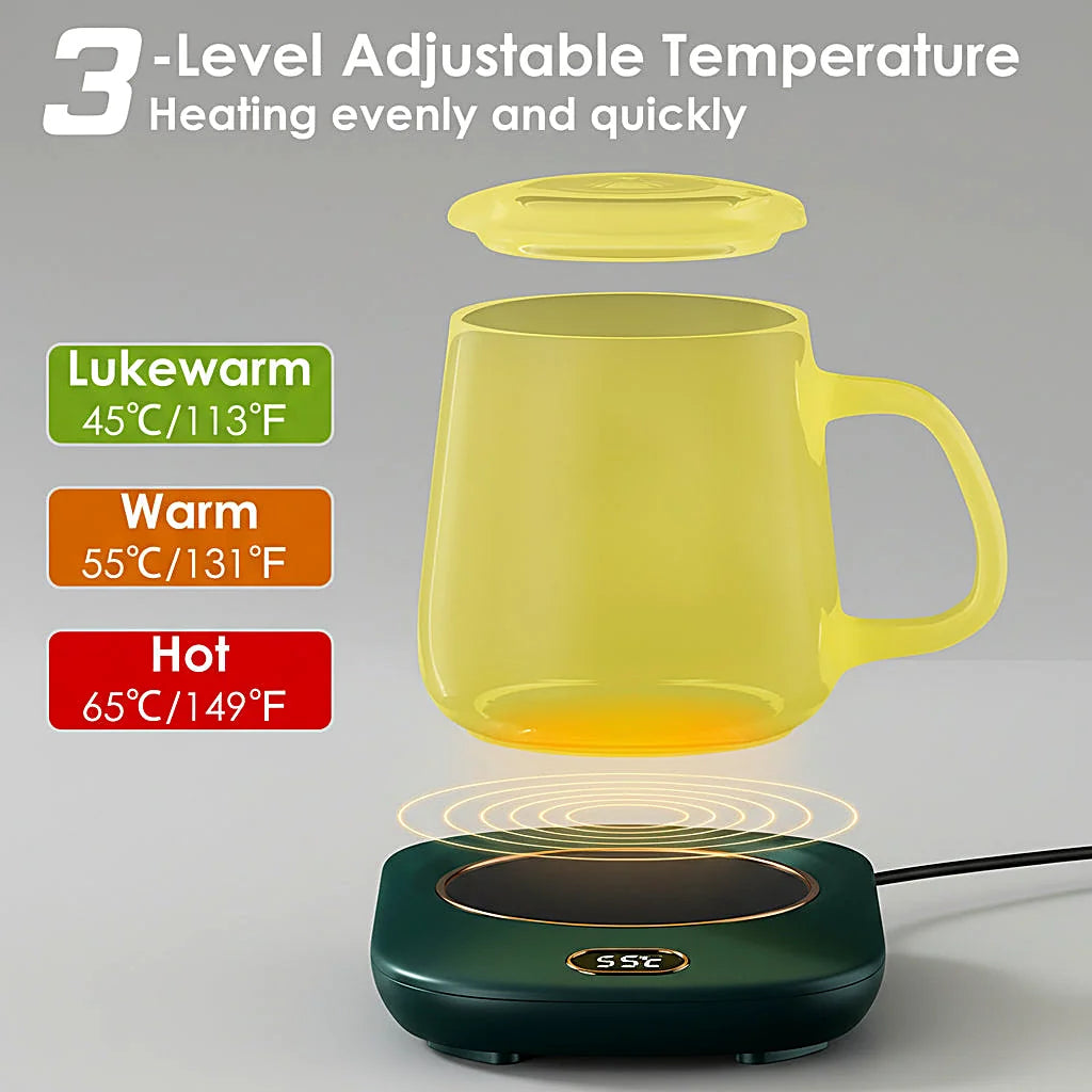 Yellow mug with lid above a green mug warmer, beside a diagram of the three heat levels