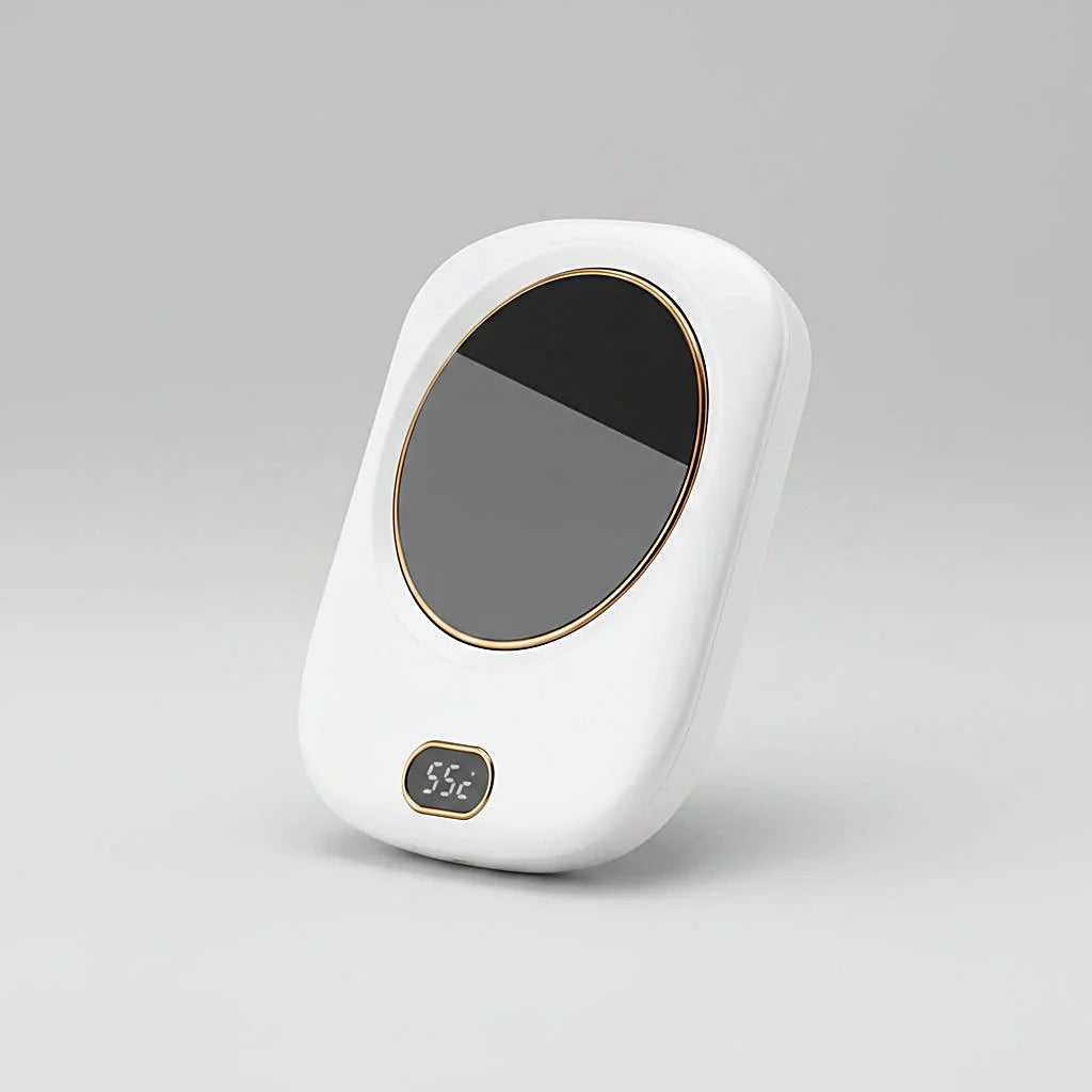 White mug warmer with a 55°C digital display on a light gray background