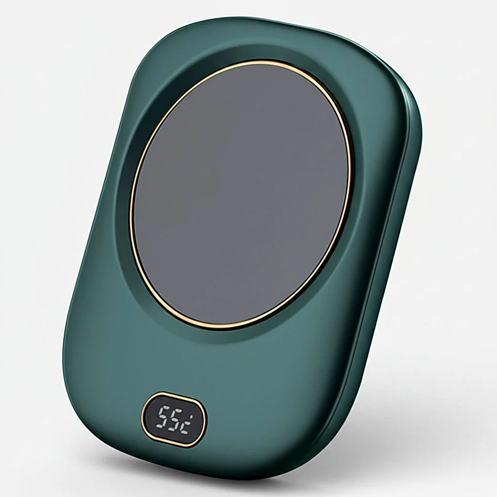 Dark green mug warmer with a round heating plate and 55°C display on a light background