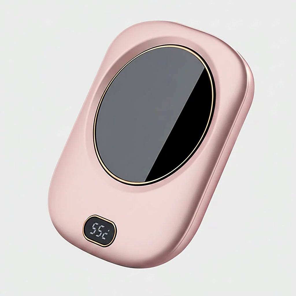 Pink mug warmer with a black heating plate and 55°C display on a white background