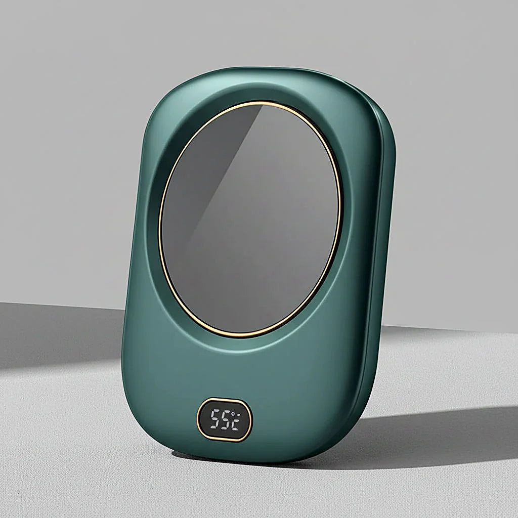 Dark green mug warmer standing on a light surface, showing its heating plate and display