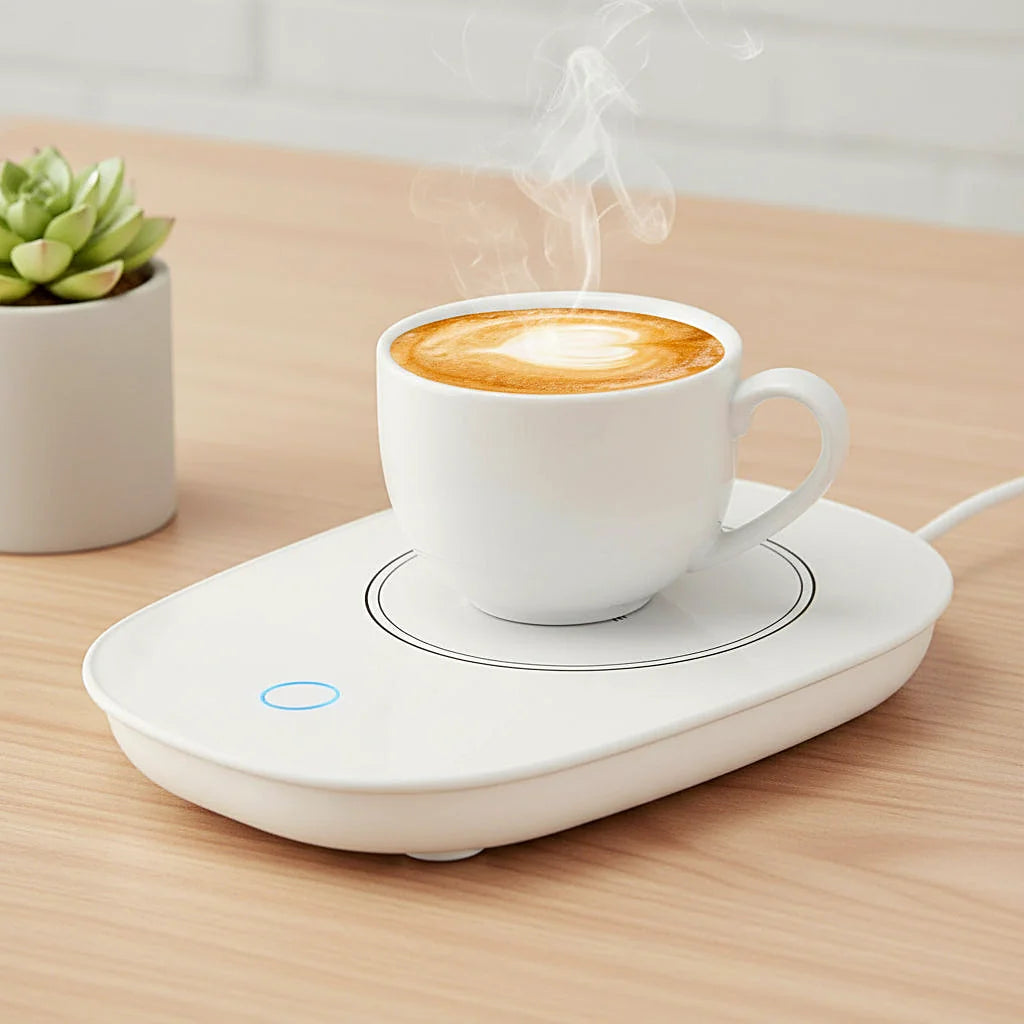 Steaming cup of coffee on a white mug warmer on a wooden desk, beside a small potted succulent
