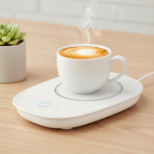 Steaming cup of coffee on a white mug warmer on a wooden desk, beside a small potted succulent