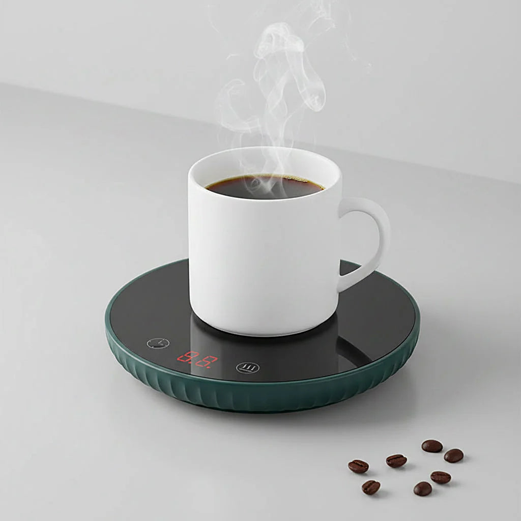 Steaming white mug of coffee on a green round mug warmer, with coffee beans scattered beside it